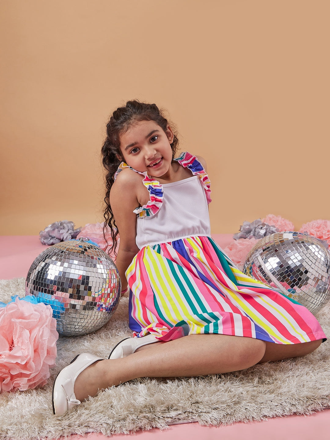 Chic Girl's Striped Shoulder Straps Fit Flare Dress Effortless Style for Trendy Teens Fashion Casual Chic Dress (d-stripemulti)