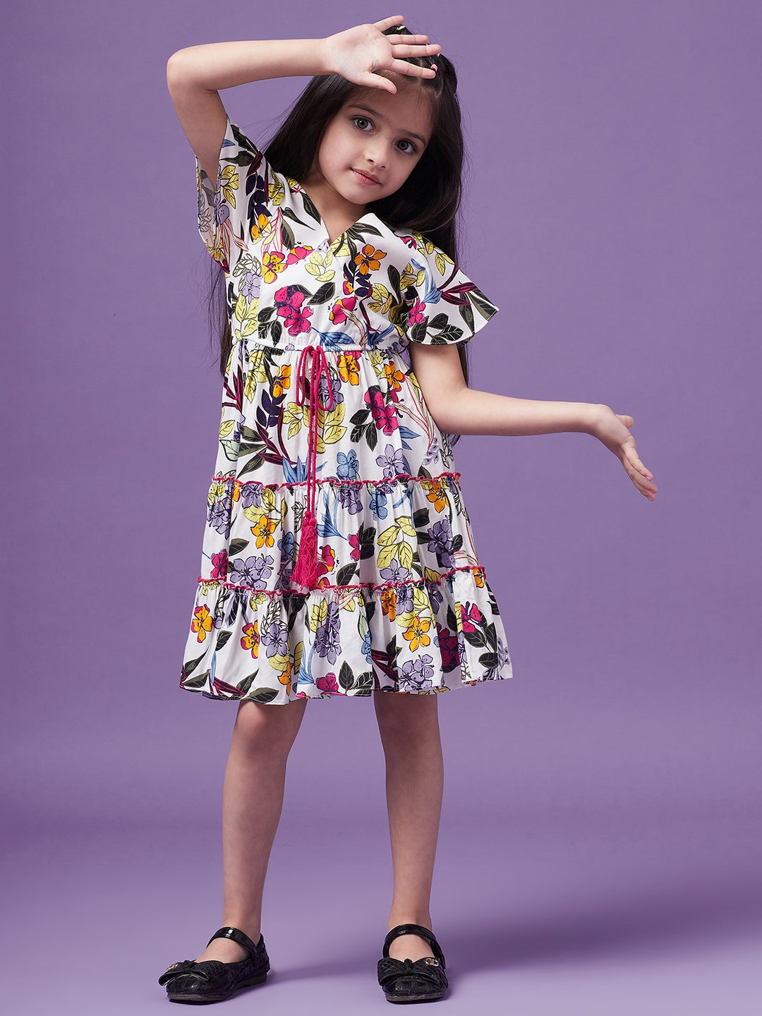 Girls Floral Printed V-Neck Wrap Tiered Dress (d-whitelayer)