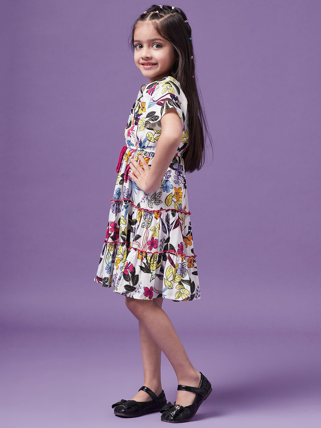 Girls Floral Printed V-Neck Wrap Tiered Dress (d-whitelayer)