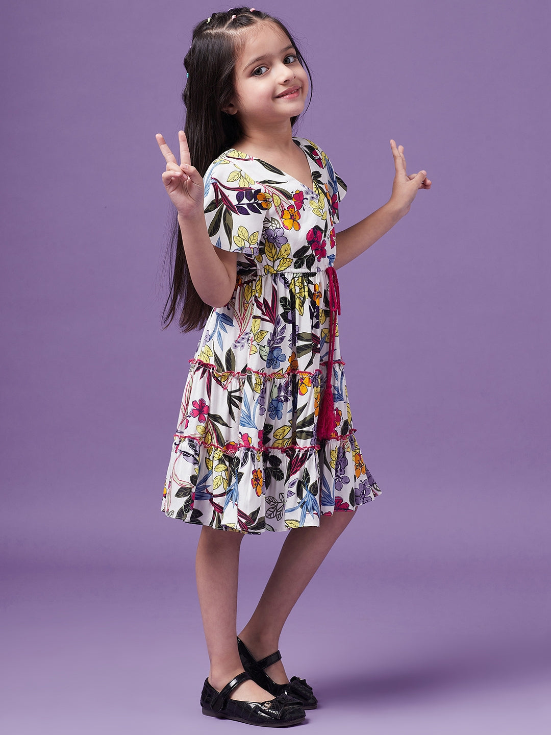Girls Floral Printed V-Neck Wrap Tiered Dress (d-whitelayer)