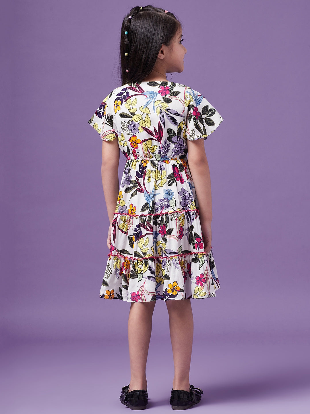 Girls Floral Printed V-Neck Wrap Tiered Dress (d-whitelayer)