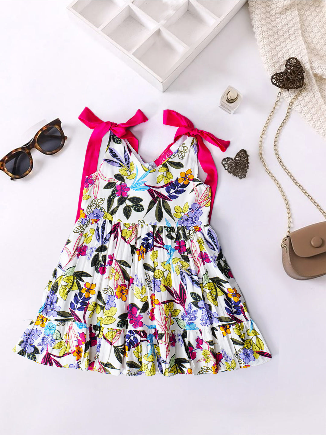 Multicolor Cotton Dress With Tie-Up Sleeves (D25017770)