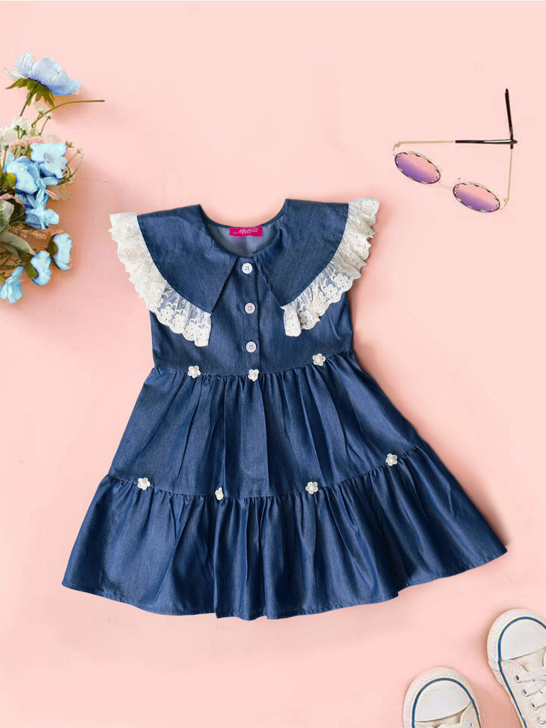 Navy Blue Denim Dress With Ruffle Sleeves (D25018171)