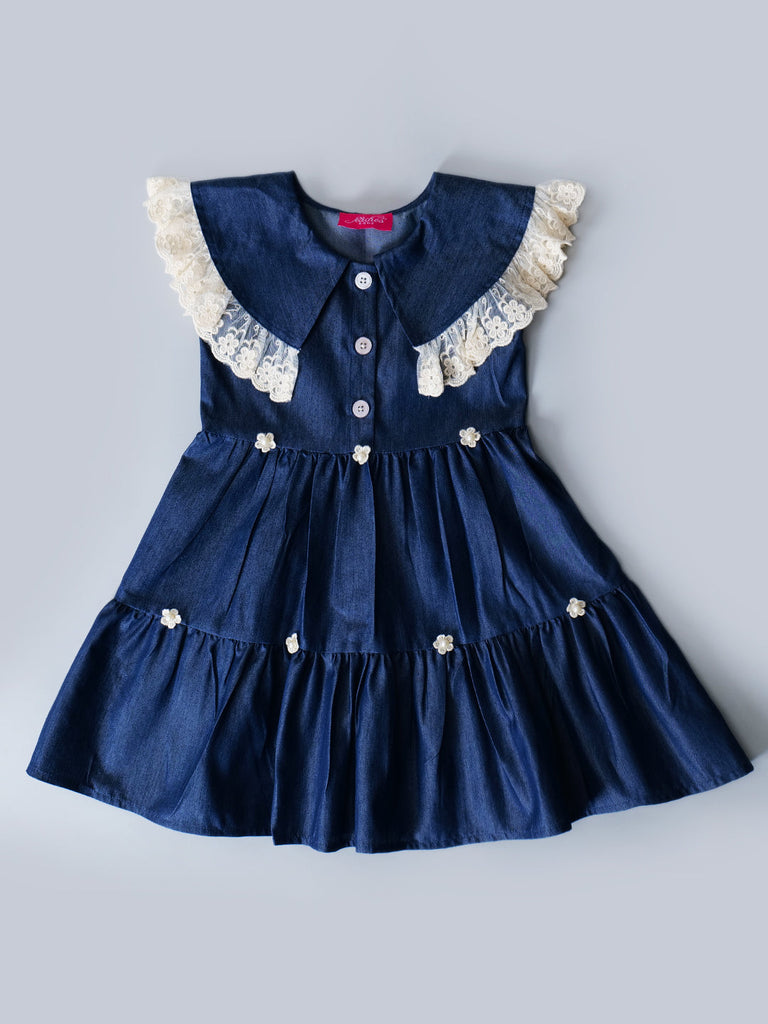 Navy Blue Denim Dress With Ruffle Sleeves (D25018171)