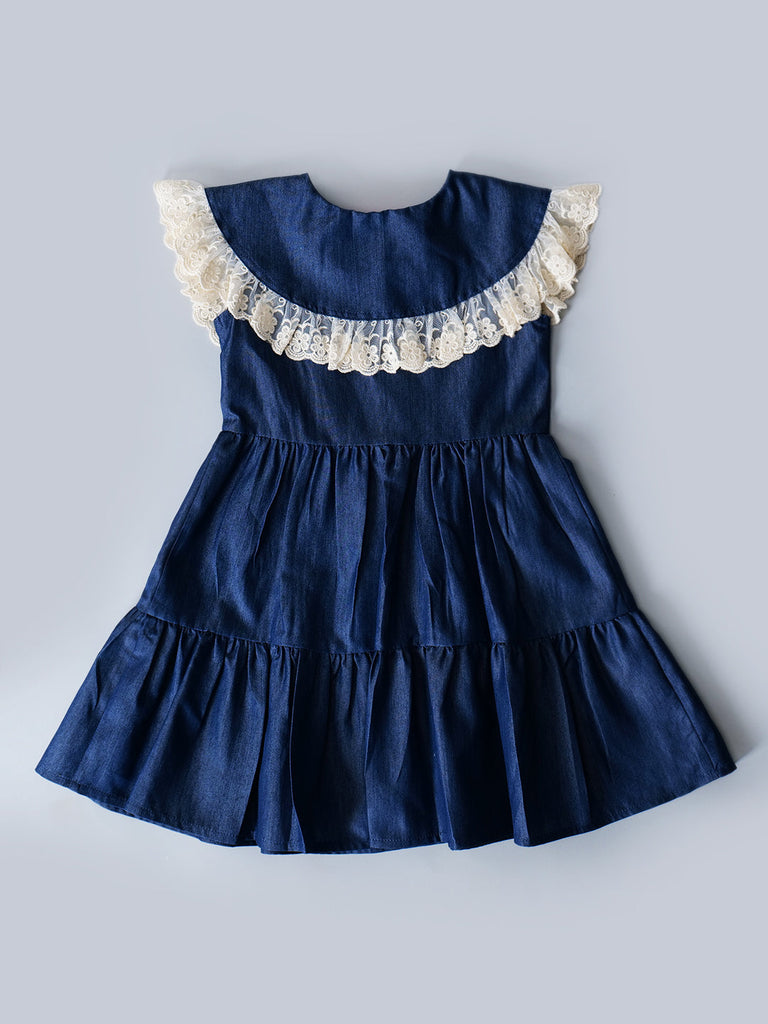 Navy Blue Denim Dress With Ruffle Sleeves (D25018171)