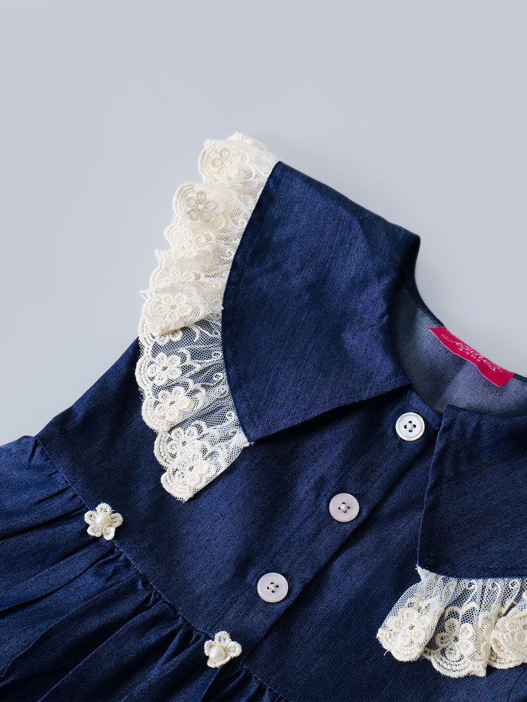 Navy Blue Denim Dress With Ruffle Sleeves (D25018171)
