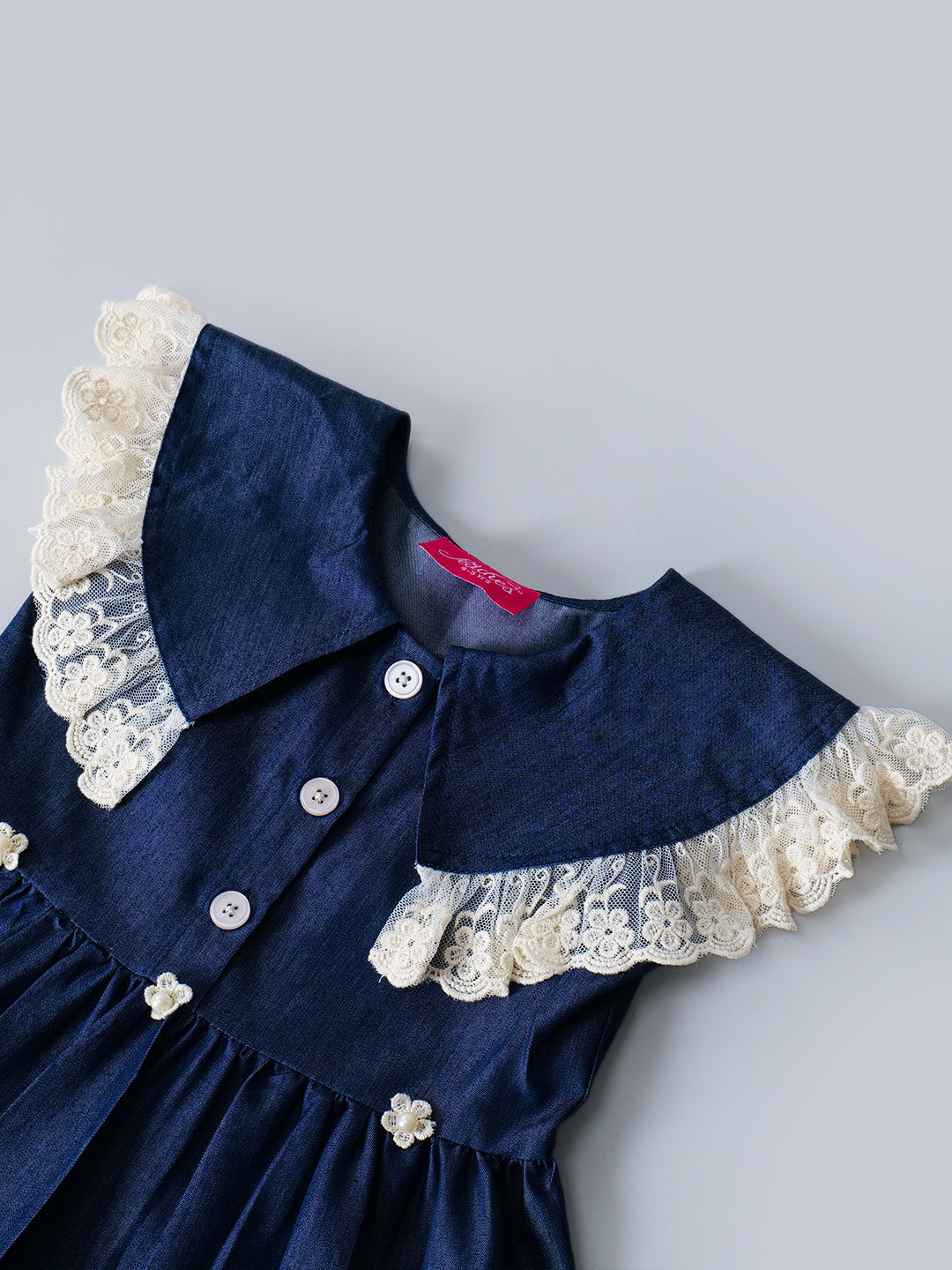 Navy Blue Denim Dress With Ruffle Sleeves (D25018171)
