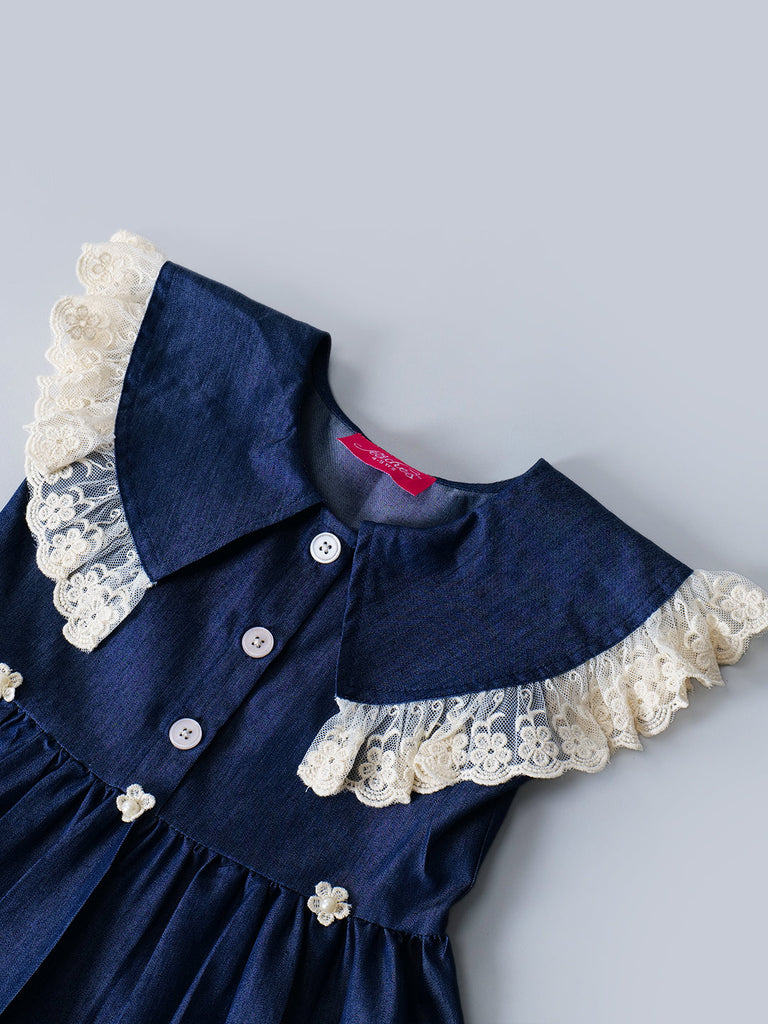 Navy Blue Denim Dress With Ruffle Sleeves (D25018171)
