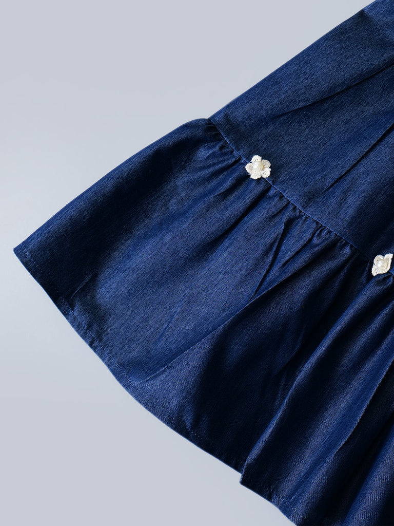 Navy Blue Denim Dress With Ruffle Sleeves (D25018171)