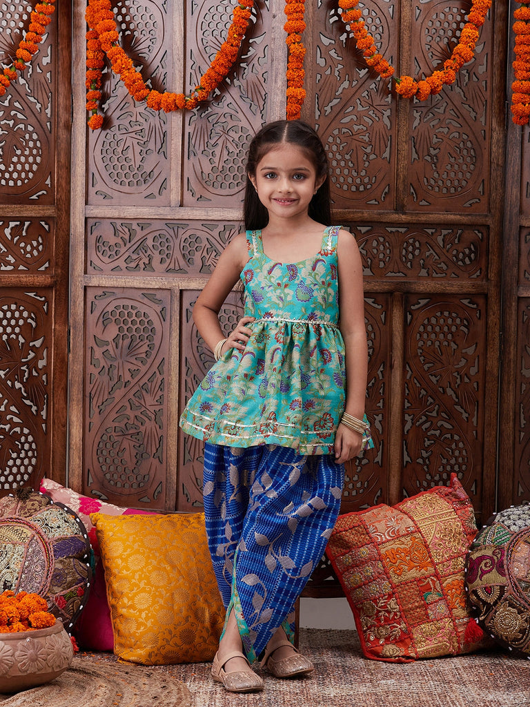 Pspeaches Girls Ethnic Motifs Printed U-Neck Georgette A-Line Kurti With Dhoti Pants (DH-BLUEKOTA)