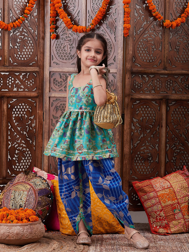 Pspeaches Girls Ethnic Motifs Printed U-Neck Georgette A-Line Kurti With Dhoti Pants (DH-BLUEKOTA)