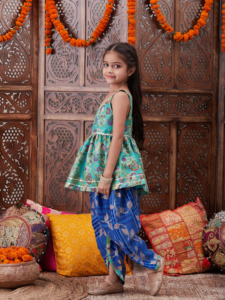 Pspeaches Girls Ethnic Motifs Printed U-Neck Georgette A-Line Kurti With Dhoti Pants (DH-BLUEKOTA)