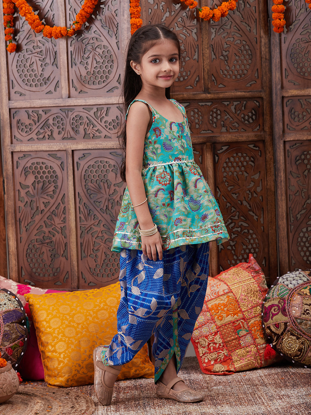 Pspeaches Girls Ethnic Motifs Printed U-Neck Georgette A-Line Kurti With Dhoti Pants (DH-BLUEKOTA)