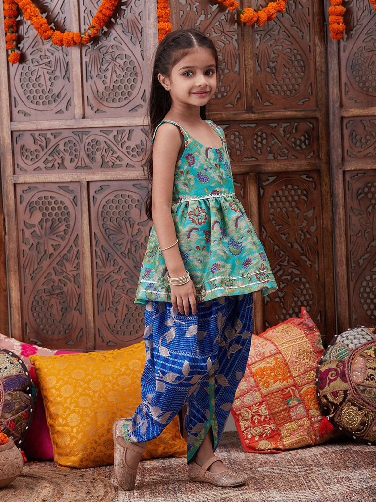Pspeaches Girls Ethnic Motifs Printed U-Neck Georgette A-Line Kurti With Dhoti Pants (DH-BLUEKOTA)