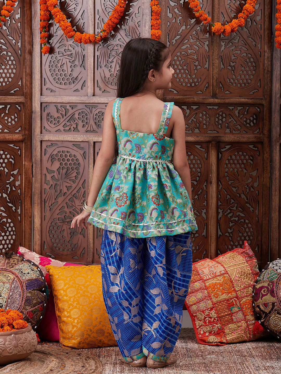 Pspeaches Girls Ethnic Motifs Printed U-Neck Georgette A-Line Kurti With Dhoti Pants (DH-BLUEKOTA)