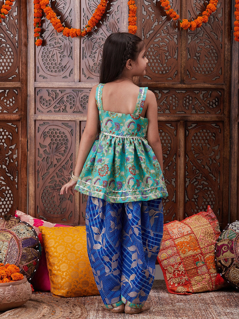 Pspeaches Girls Ethnic Motifs Printed U-Neck Georgette A-Line Kurti With Dhoti Pants (DH-BLUEKOTA)