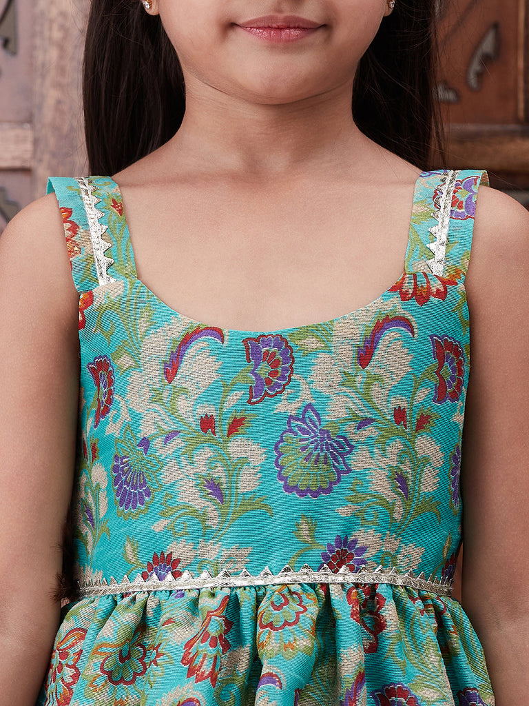 Pspeaches Girls Ethnic Motifs Printed U-Neck Georgette A-Line Kurti With Dhoti Pants (DH-BLUEKOTA)