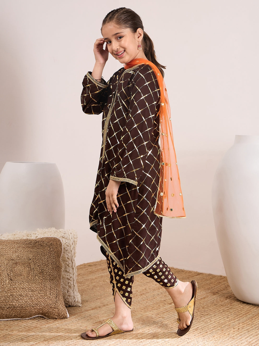 Girls Checked Gotta Patti Kurta & Dhoti Pants With Dupatta (DH-BROWNFOIL)