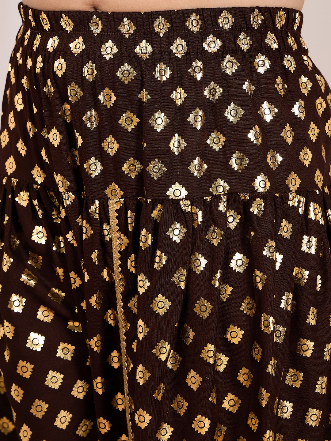 Girls Checked Gotta Patti Kurta & Dhoti Pants With Dupatta (DH-BROWNFOIL)