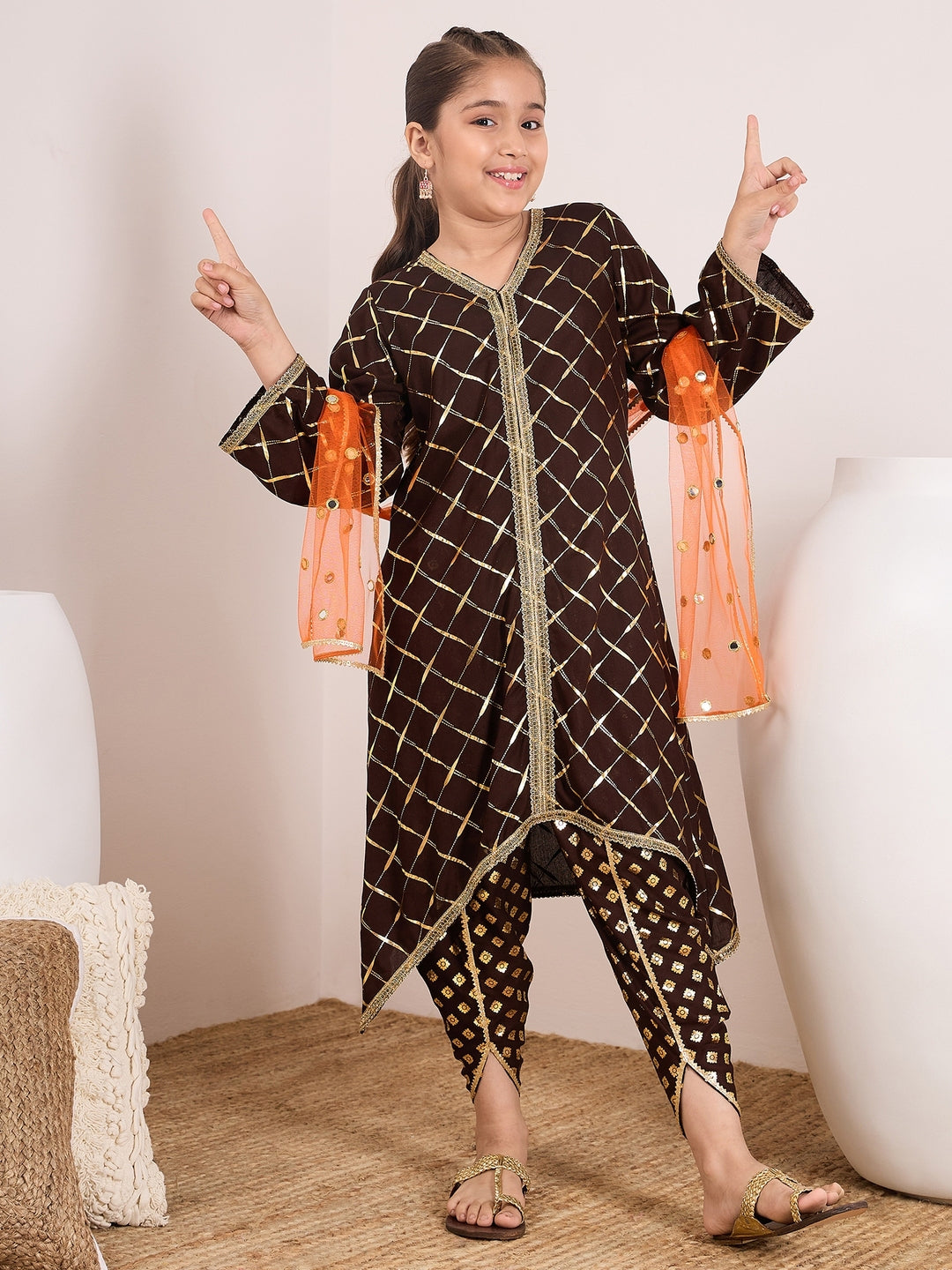 Girls Checked Gotta Patti Kurta & Dhoti Pants With Dupatta (DH-BROWNFOIL)