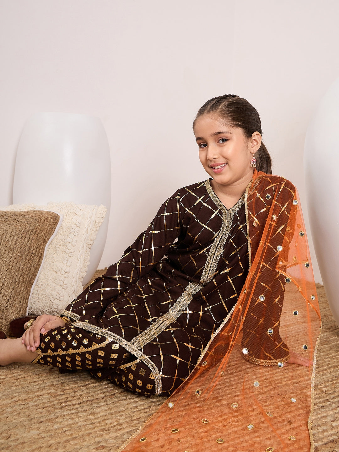 Girls Checked Gotta Patti Kurta & Dhoti Pants With Dupatta (DH-BROWNFOIL)