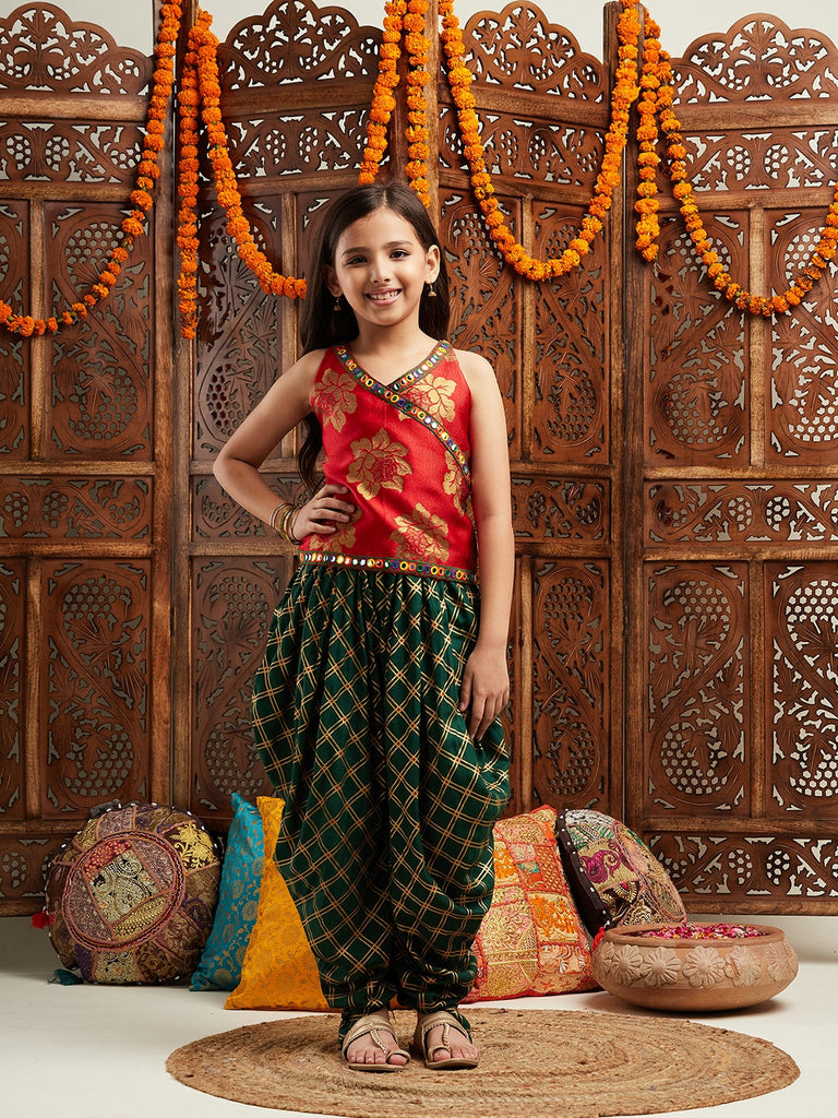 Pspeaches Girls Floral Printed Regular Kurti With Dhoti Pants (DH-GREENFOIL)