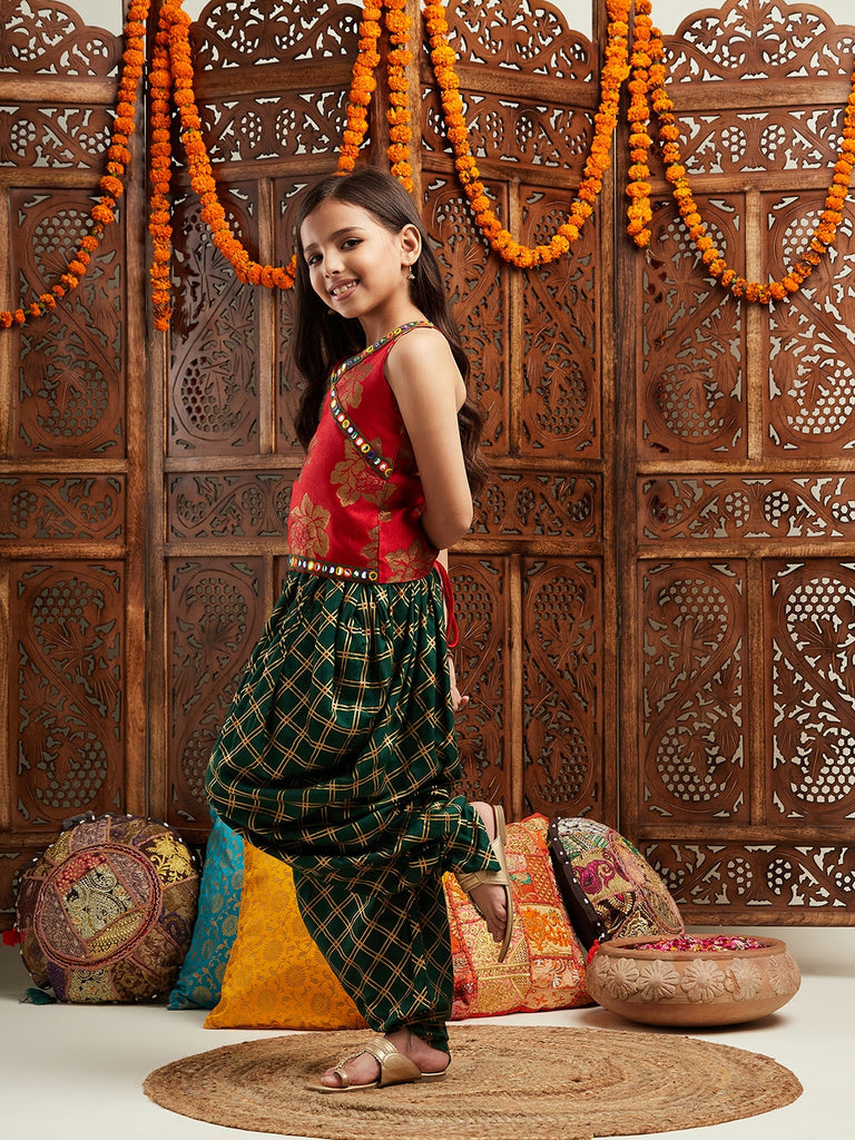 Pspeaches Girls Floral Printed Regular Kurti With Dhoti Pants (DH-GREENFOIL)
