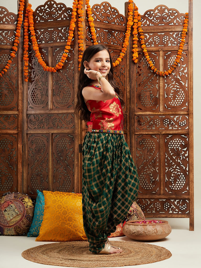 Pspeaches Girls Floral Printed Regular Kurti With Dhoti Pants (DH-GREENFOIL)