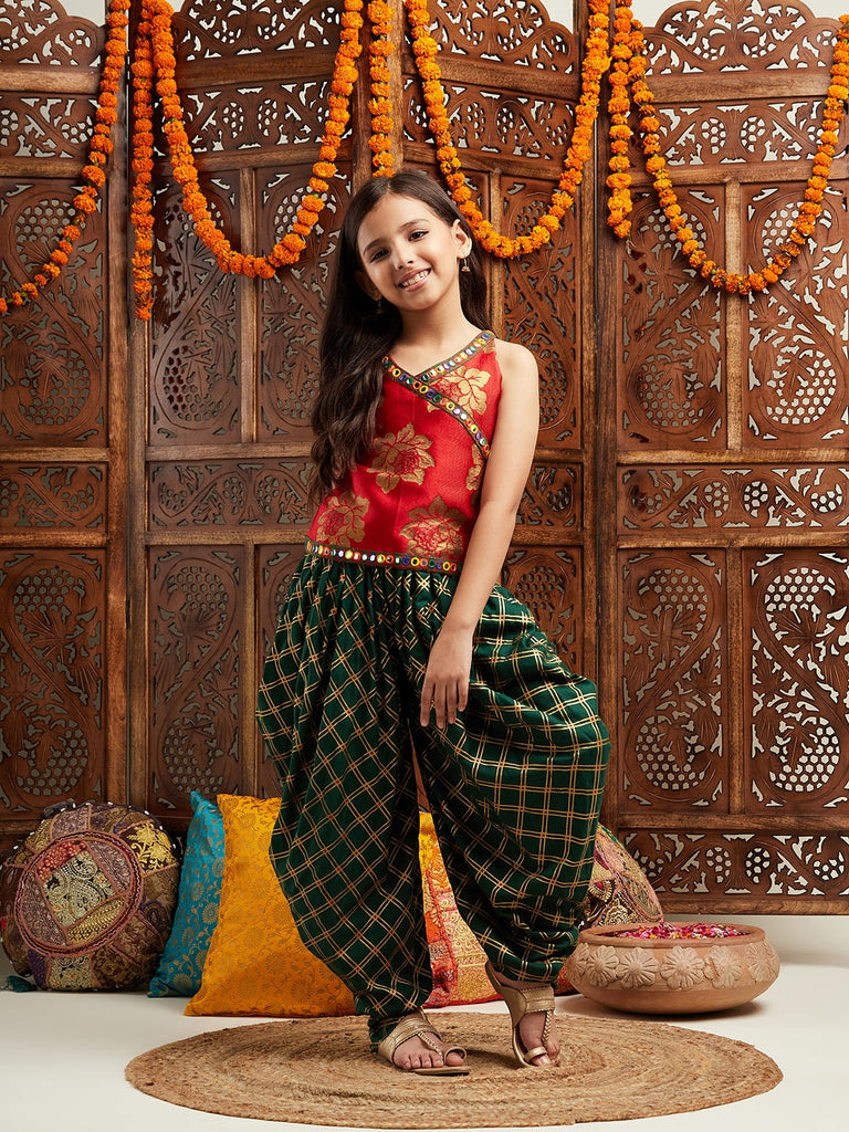Pspeaches Girls Floral Printed Regular Kurti With Dhoti Pants (DH-GREENFOIL)