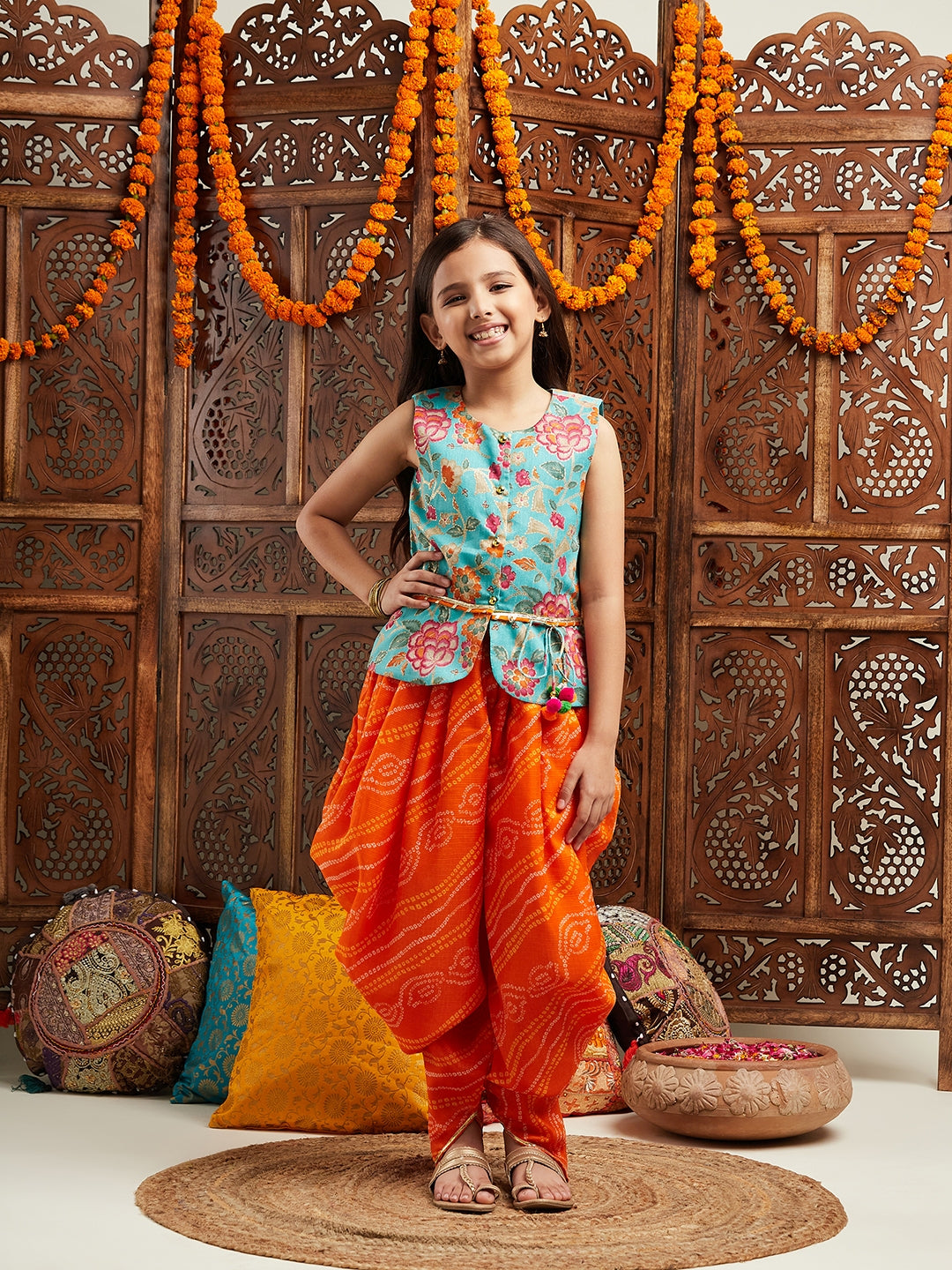 Pspeaches Girls Floral Printed Regular Gotta Patti Kurti With Dhoti Pants (DH-GREENORANGE)