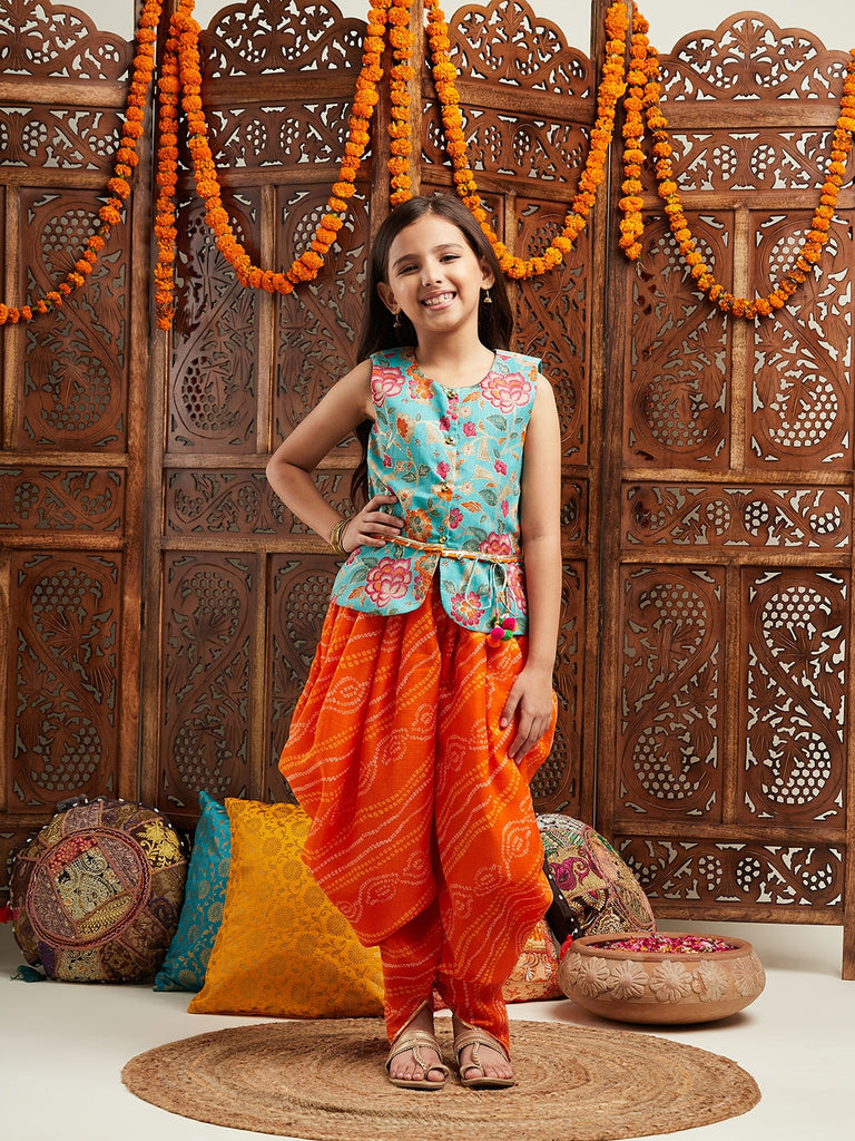 Pspeaches Girls Floral Printed Regular Gotta Patti Kurti With Dhoti Pants (DH-GREENORANGE)