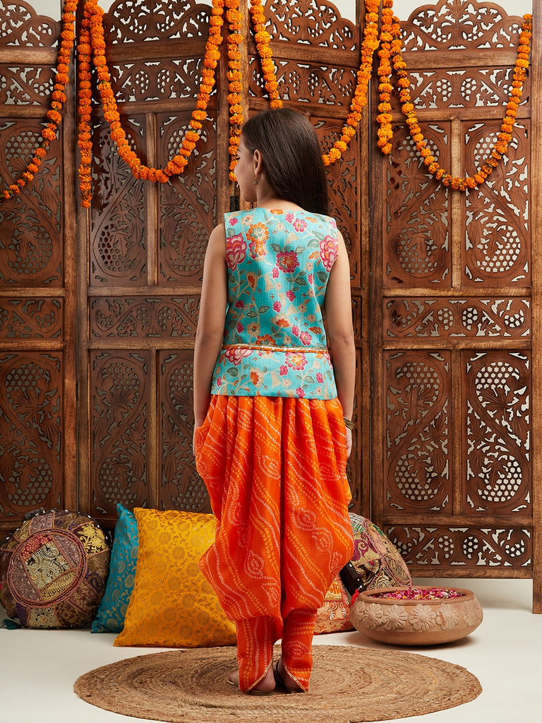 Pspeaches Girls Floral Printed Regular Gotta Patti Kurti With Dhoti Pants (DH-GREENORANGE)