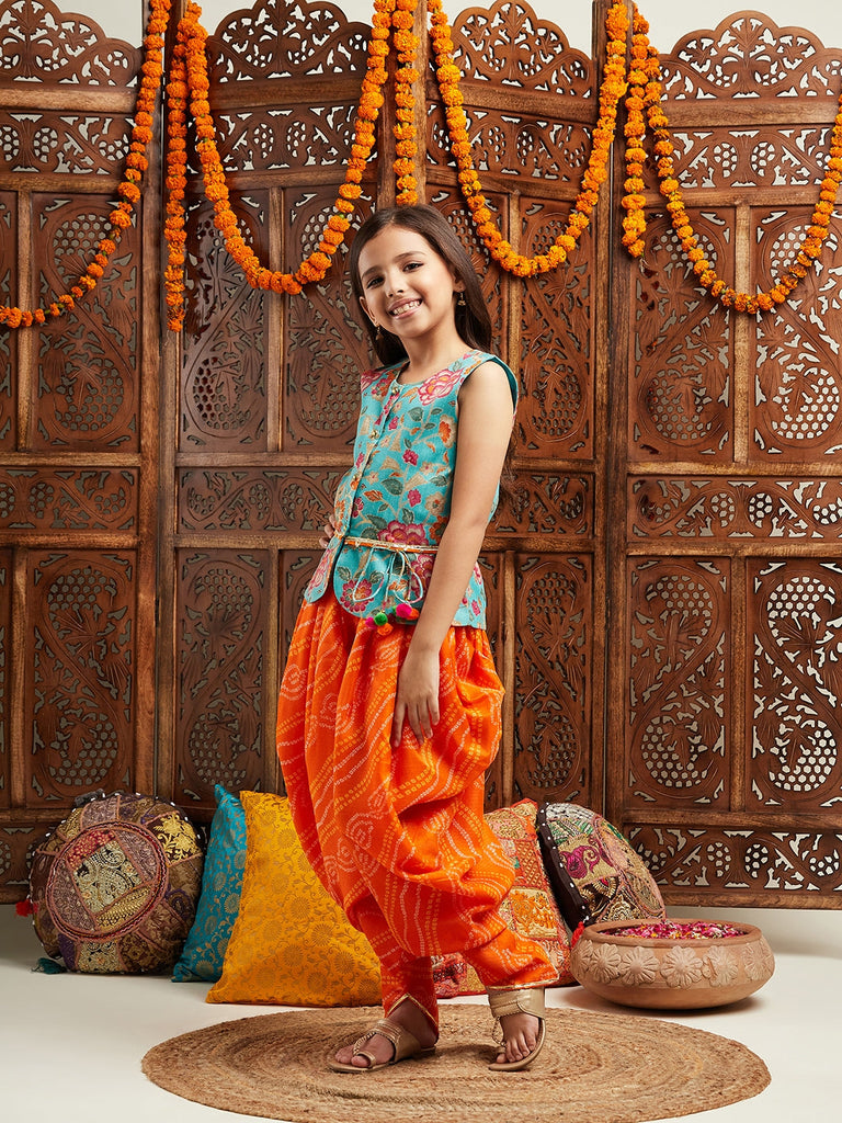 Pspeaches Girls Floral Printed Regular Gotta Patti Kurti With Dhoti Pants (DH-GREENORANGE)