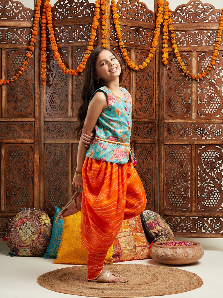 Pspeaches Girls Floral Printed Regular Gotta Patti Kurti With Dhoti Pants (DH-GREENORANGE)