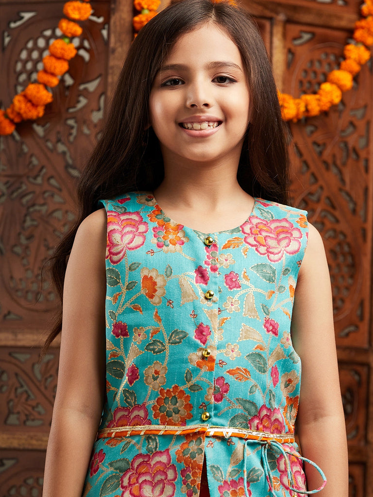Pspeaches Girls Floral Printed Regular Gotta Patti Kurti With Dhoti Pants (DH-GREENORANGE)