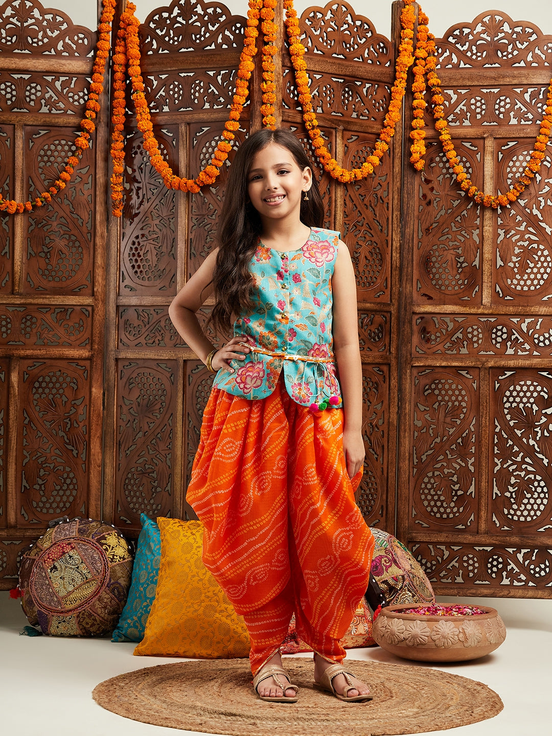 Pspeaches Girls Floral Printed Regular Gotta Patti Kurti With Dhoti Pants (DH-GREENORANGE)
