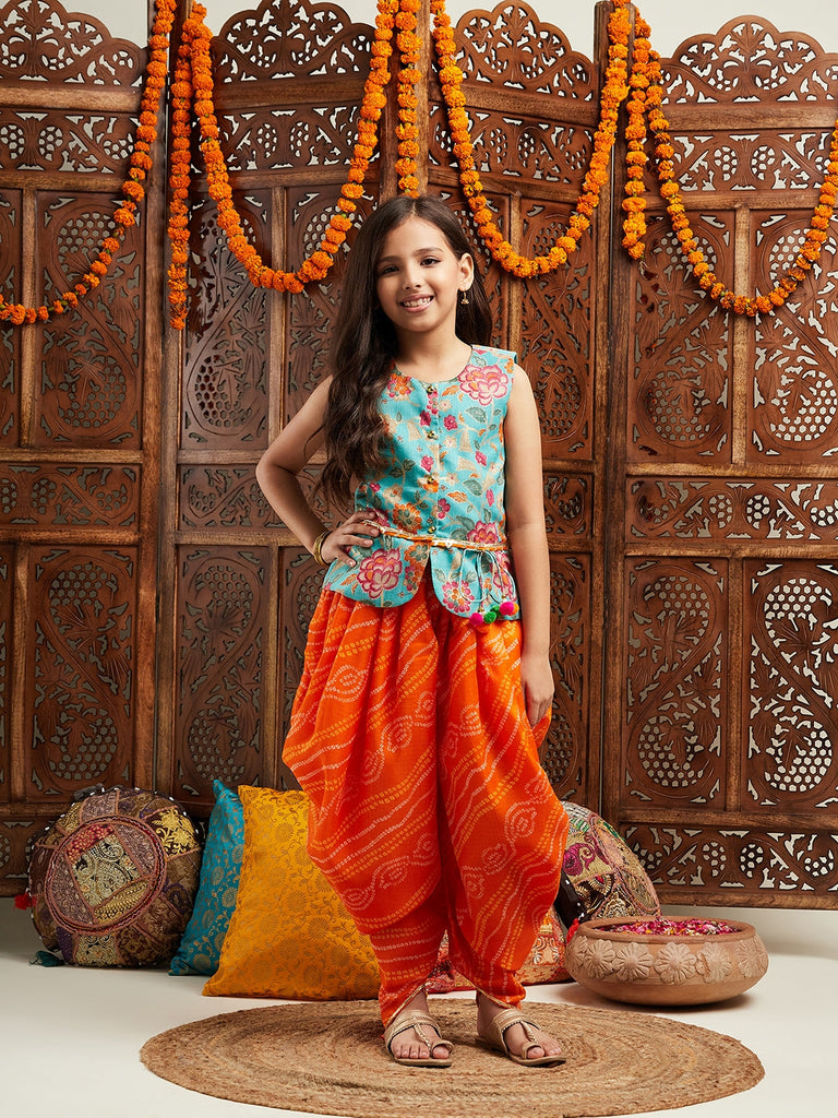 Pspeaches Girls Floral Printed Regular Gotta Patti Kurti With Dhoti Pants (DH-GREENORANGE)
