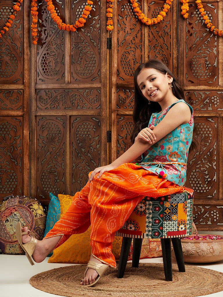 Pspeaches Girls Floral Printed Regular Gotta Patti Kurti With Dhoti Pants (DH-GREENORANGE)