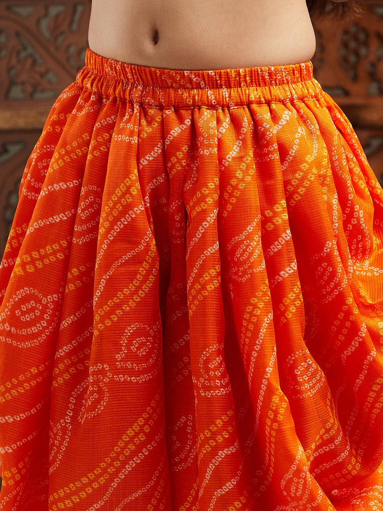 Pspeaches Girls Floral Printed Regular Gotta Patti Kurti With Dhoti Pants (DH-GREENORANGE)