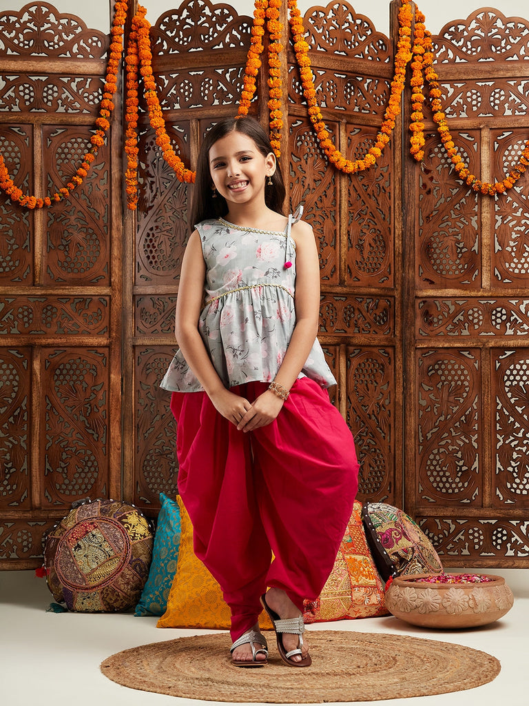 Pspeaches Girls Grey & Red Floral Printed Gotta Patti A-Line Kurti with Dhoti Pants (DH-GREYFLORAL)