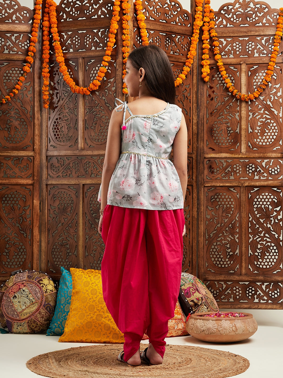 Pspeaches Girls Grey & Red Floral Printed Gotta Patti A-Line Kurti with Dhoti Pants (DH-GREYFLORAL)