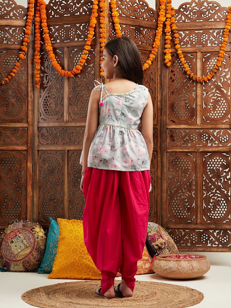 Pspeaches Girls Grey & Red Floral Printed Gotta Patti A-Line Kurti with Dhoti Pants (DH-GREYFLORAL)