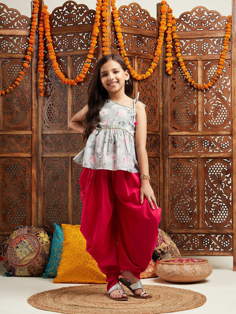 Pspeaches Girls Grey & Red Floral Printed Gotta Patti A-Line Kurti with Dhoti Pants (DH-GREYFLORAL)