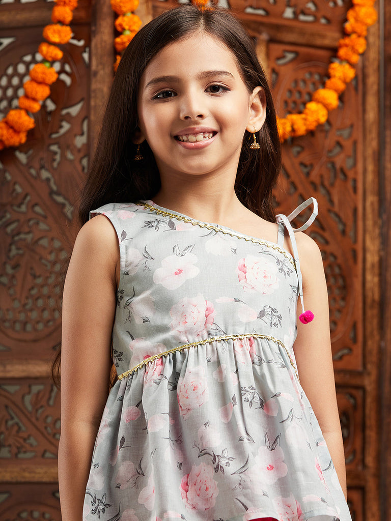 Pspeaches Girls Grey & Red Floral Printed Gotta Patti A-Line Kurti with Dhoti Pants (DH-GREYFLORAL)