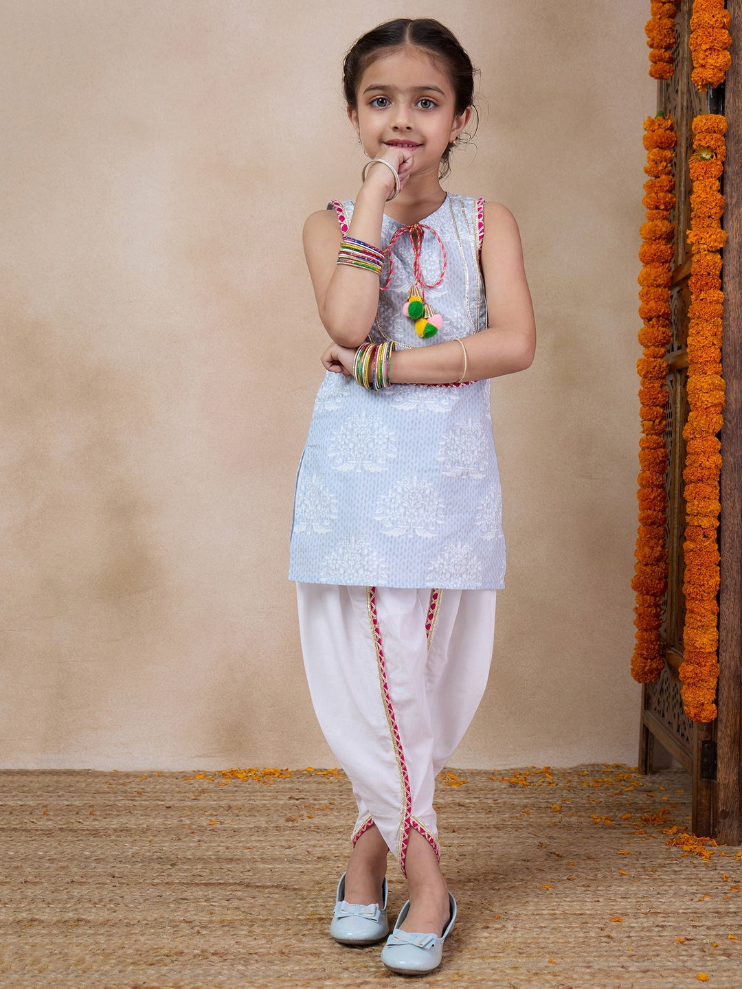 Girls Floral Printed Tie-Up Neck Straight Kurta With Dhoti Pants (DH-GREYWHITE)