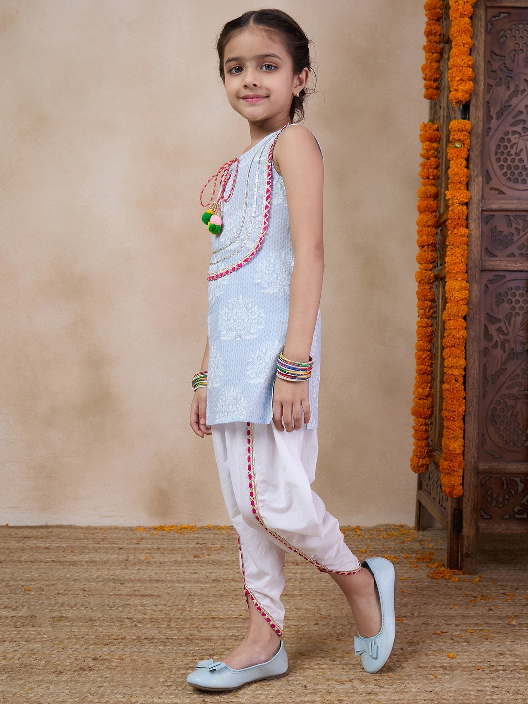 Girls Floral Printed Tie-Up Neck Straight Kurta With Dhoti Pants (DH-GREYWHITE)