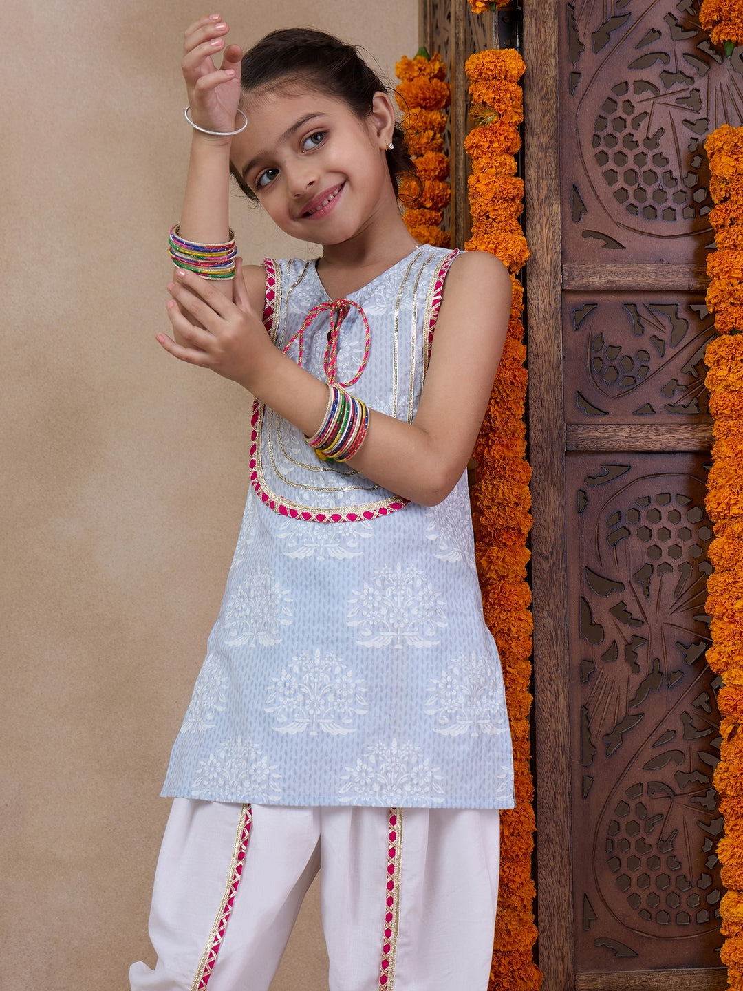 Girls Floral Printed Tie-Up Neck Straight Kurta With Dhoti Pants (DH-GREYWHITE)