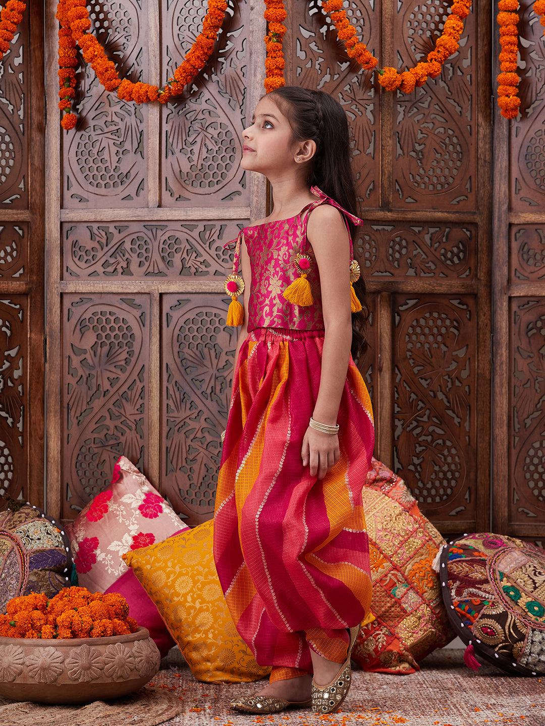 Pspeaches Girls Floral Printed Shoulder Straps Top With Dhoti Pants (DH-MAGENTABROCADE)