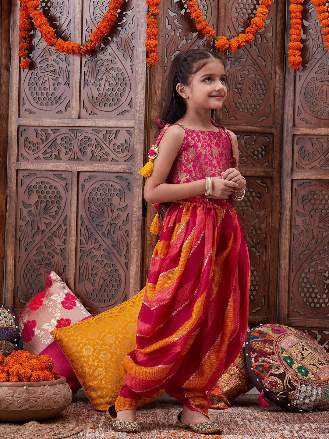 Pspeaches Girls Floral Printed Shoulder Straps Top With Dhoti Pants (DH-MAGENTABROCADE)