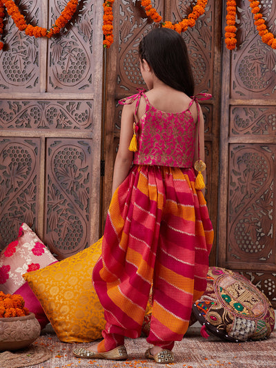 Pspeaches Girls Floral Printed Shoulder Straps Top With Dhoti Pants (DH-MAGENTABROCADE)